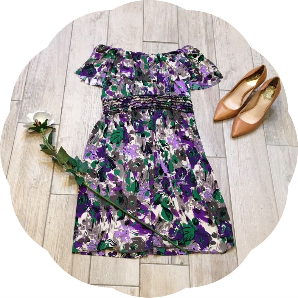 Elle Purple Patterned Off the Shoulder Dress